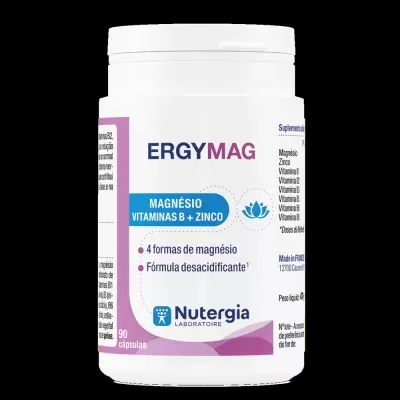 Frasco branco do suplemento ERGYMAG com magnésio, vitaminas B e zinco