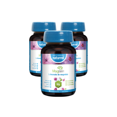 Frascos de suplemento alimentar Magtein L-treonato de magnésio com tampas azuis