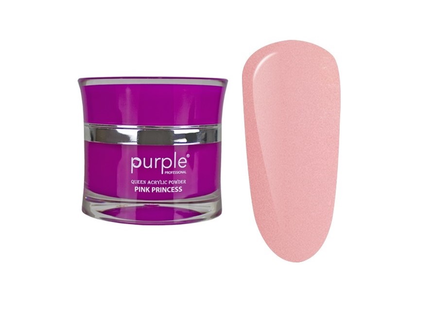 Pote de pó acrílico roxo com amostra de cor rosa claro em formato de unha