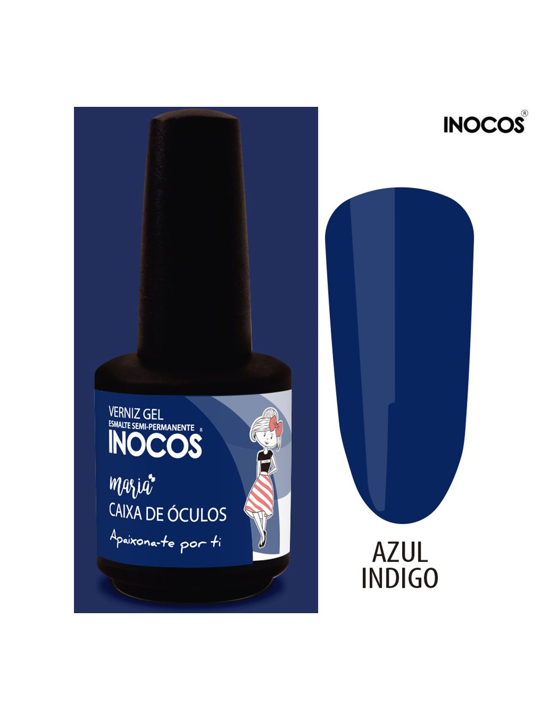 Frasco de verniz gel azul índigo e amostra da cor