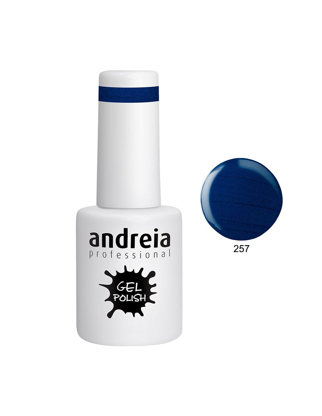 Frasco branco de verniz gel Andreia Professional com tampa branca e faixa azul, cor 257 azul escura.