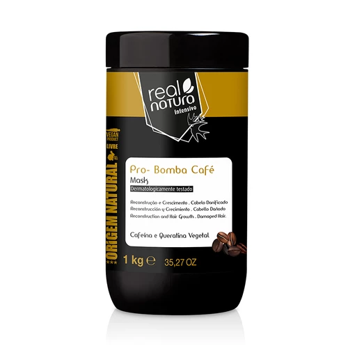 Frasco de máscara capilar real natura Pro-Bomba Café de 1 kg com cores preta, amarela e branca e texto informativo.