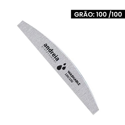 Lima de unha cinza clara Andreia Professional com texto impresso.