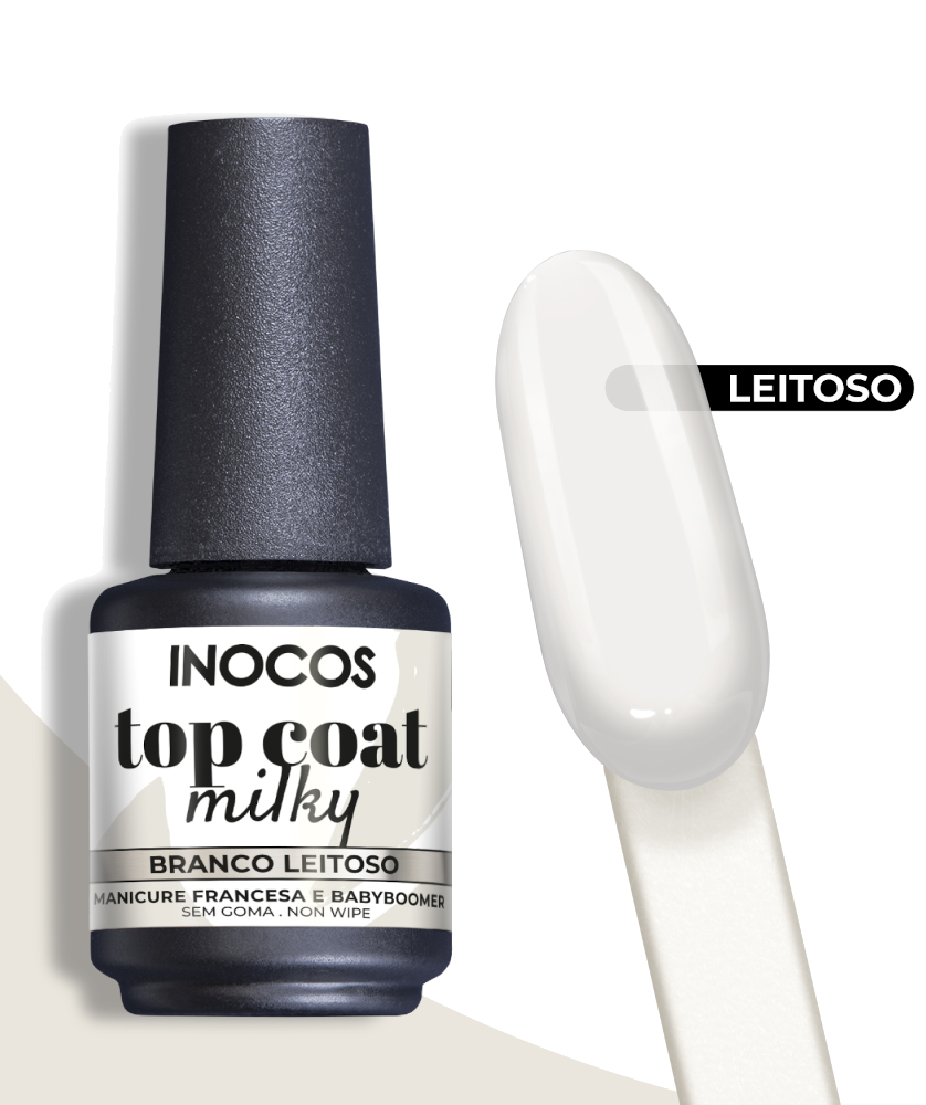 Verniz top coat milky branco leitoso Inocos com amostrador de cor