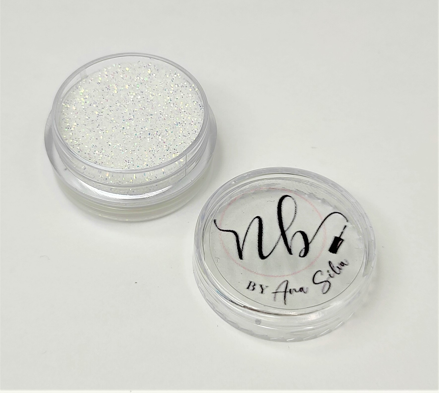 Duplo recipiente transparente com glitter branco e tampa escrita