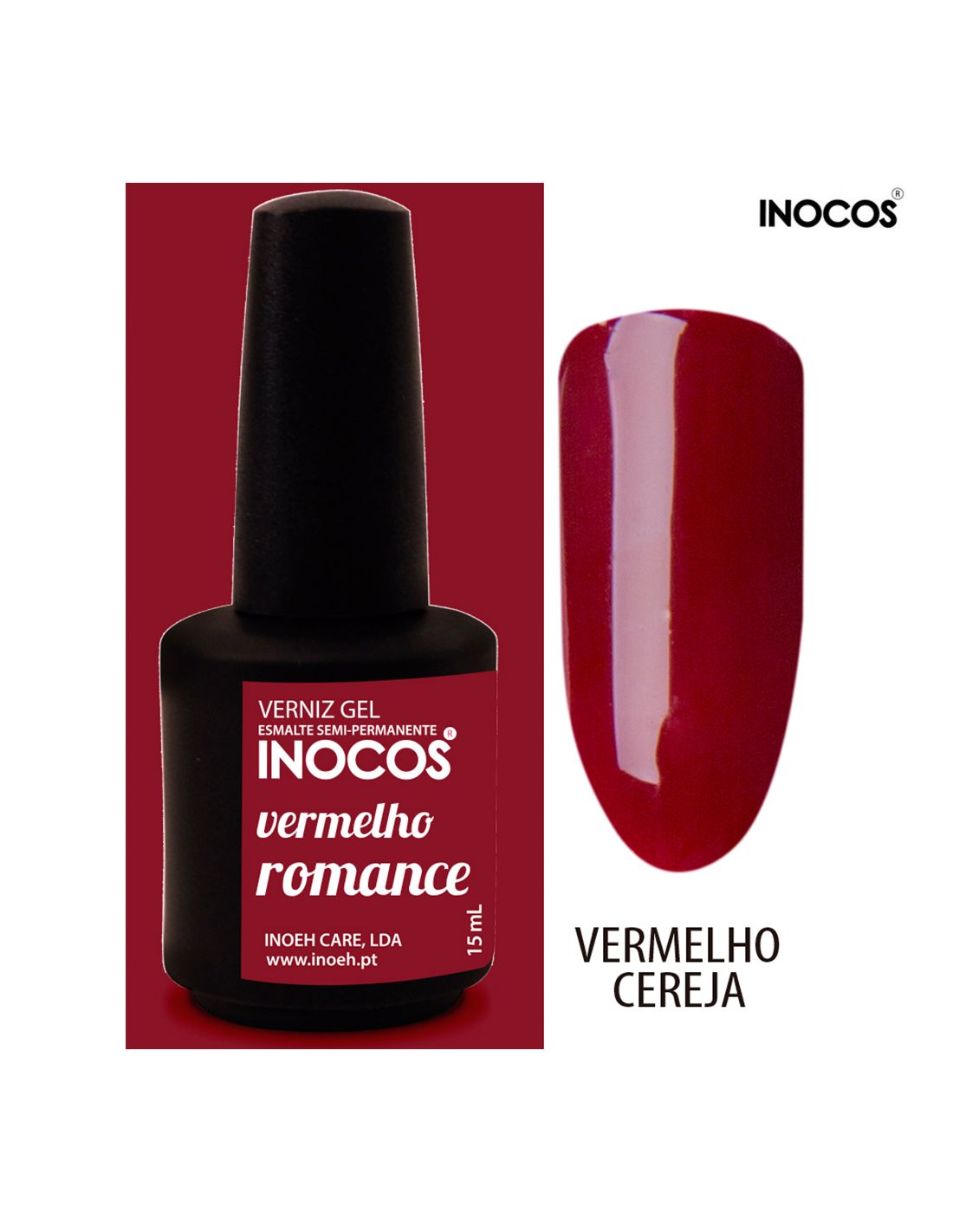 Verniz gel INOCOS vermelho romance com amostra de cor vermelho cereja