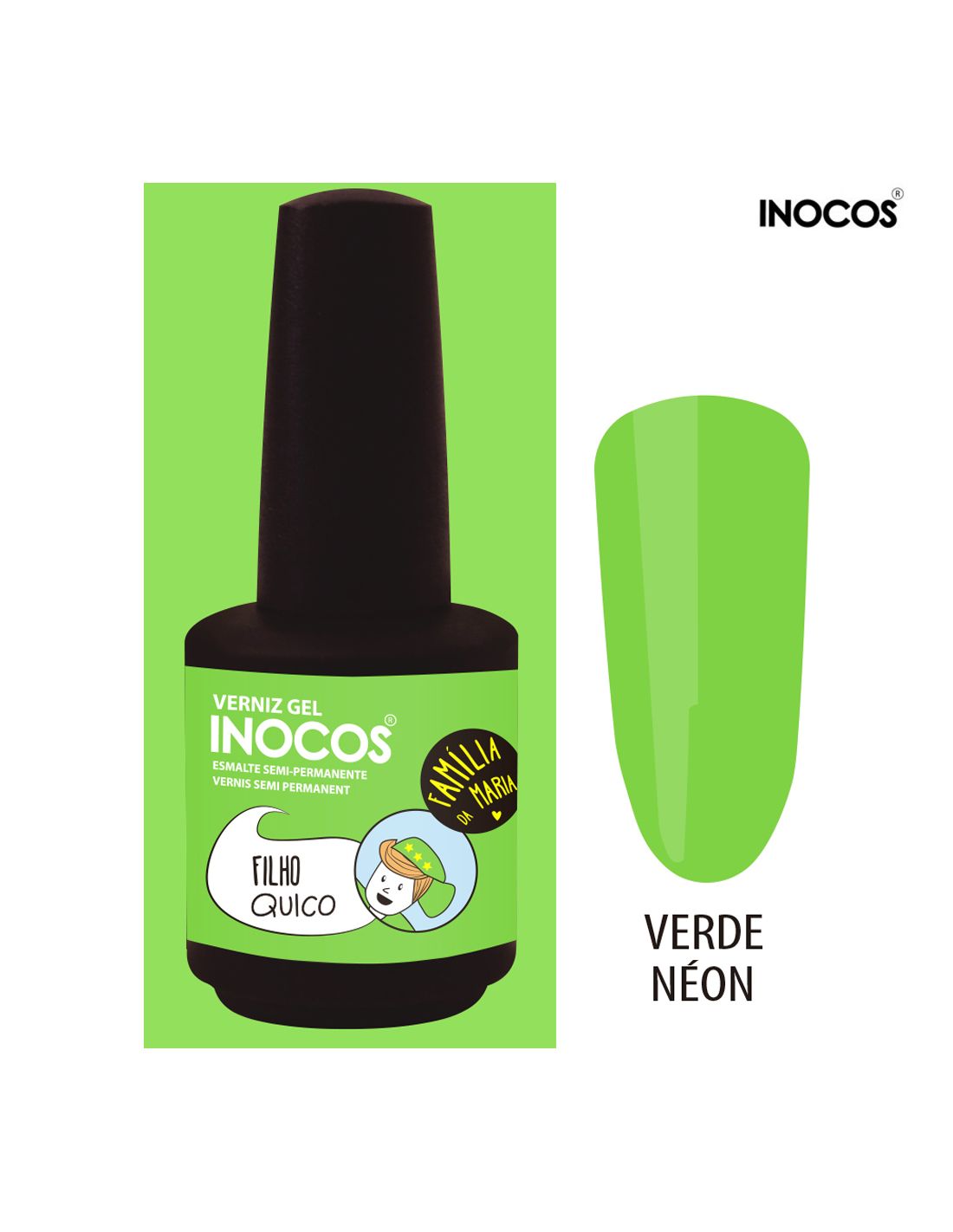 Frasco de verniz gel INOCOS verde néon com tampa preta e amostra de cor