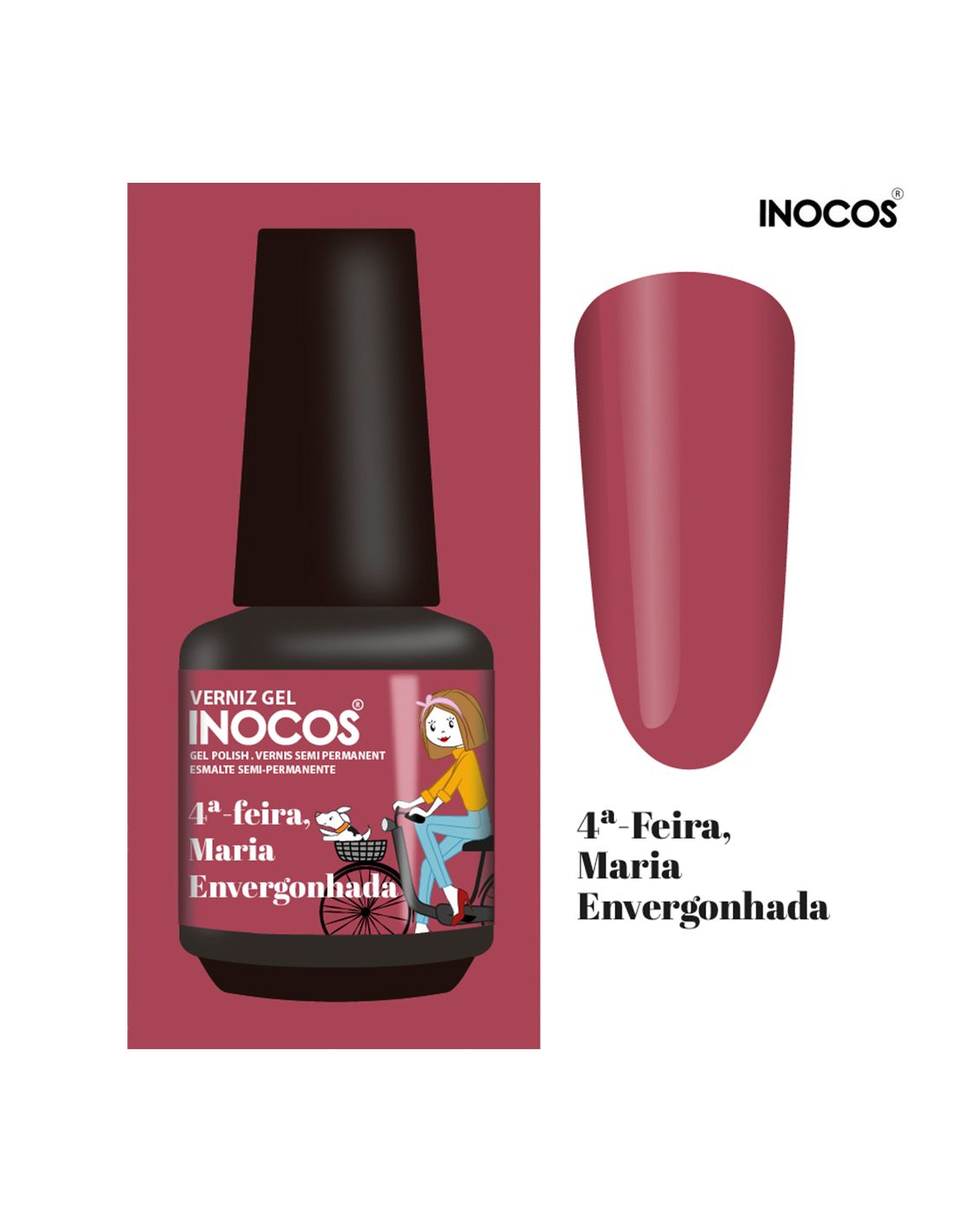 Verniz gel INOCOS rosa com ilustração e texto 4ª-feira Maria Envergonhada