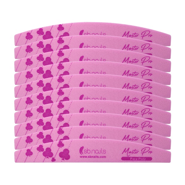 Dez limas de unhas rosa com texto roxo e logo sb nails