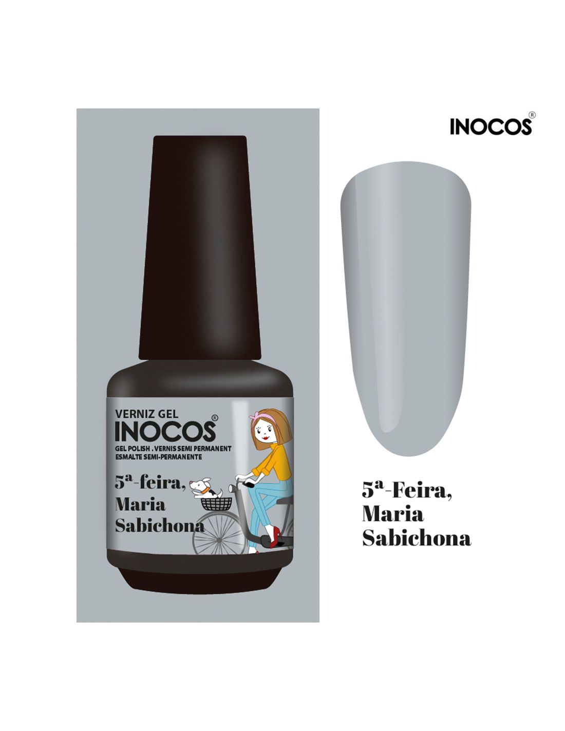 Verniz gel INOCOS 5ª-Feira, Maria Sabichona com amostra de cor cinza claro