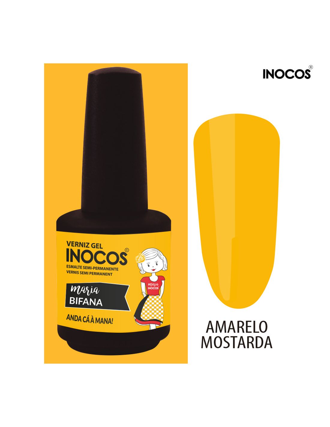 Frasco de verniz gel amarelo mostarda da marca INOCOS com amostra da cor e logo.