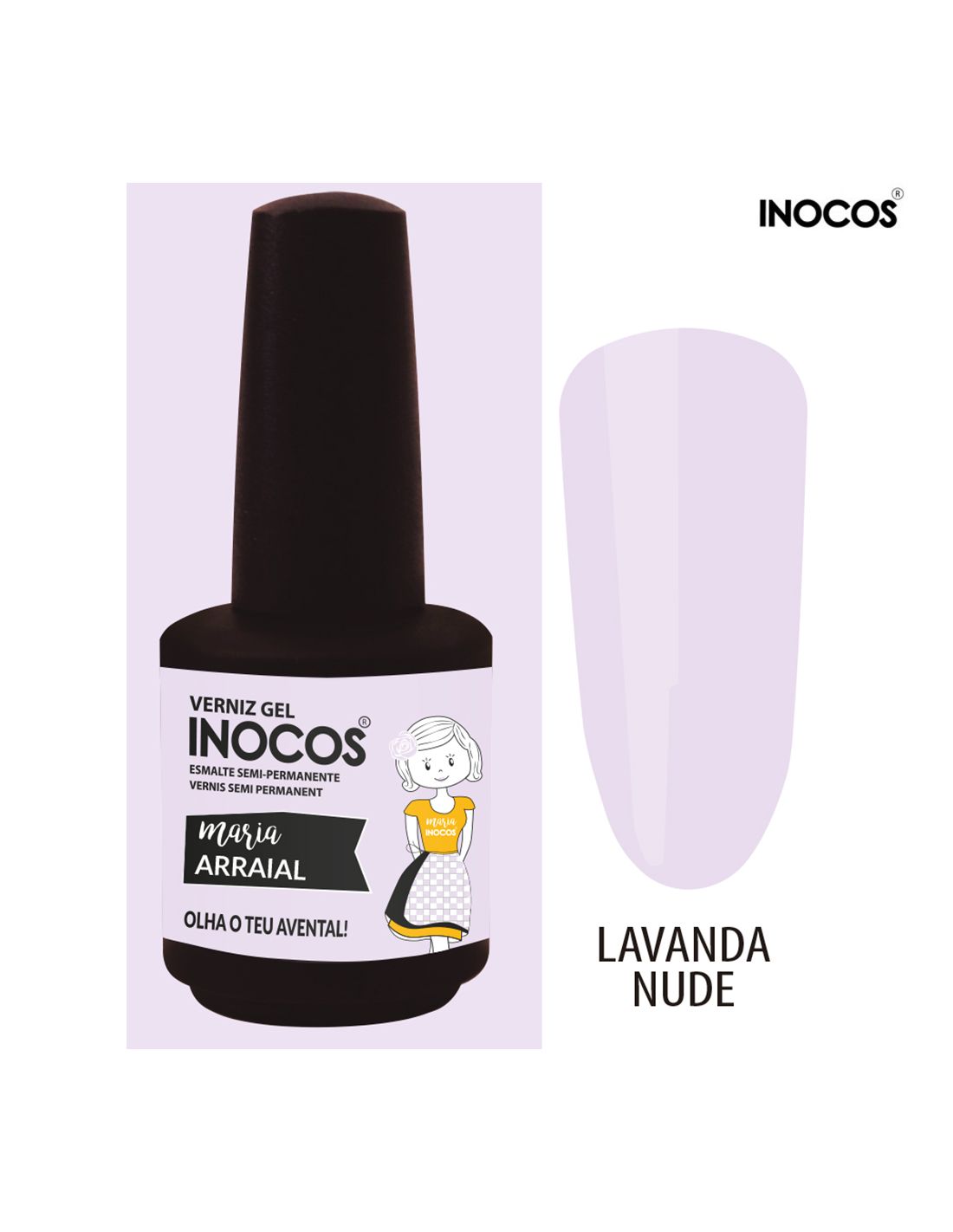 Verniz gel Inocos Maria Arraial cor Lavanda Nude com amostra da cor