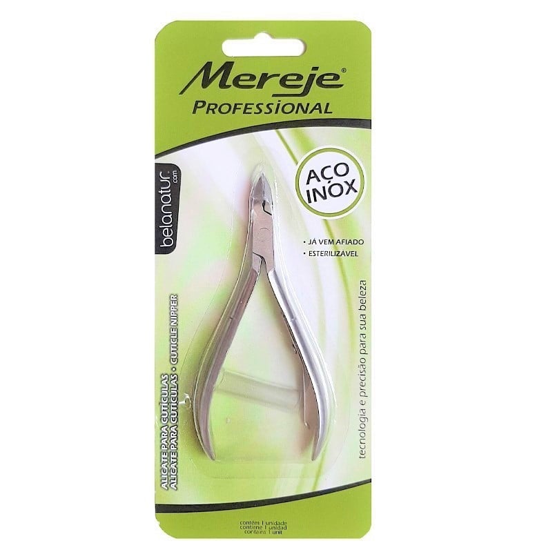 Alicate para cutículas em aço inox embalado em cartão verde Mereje