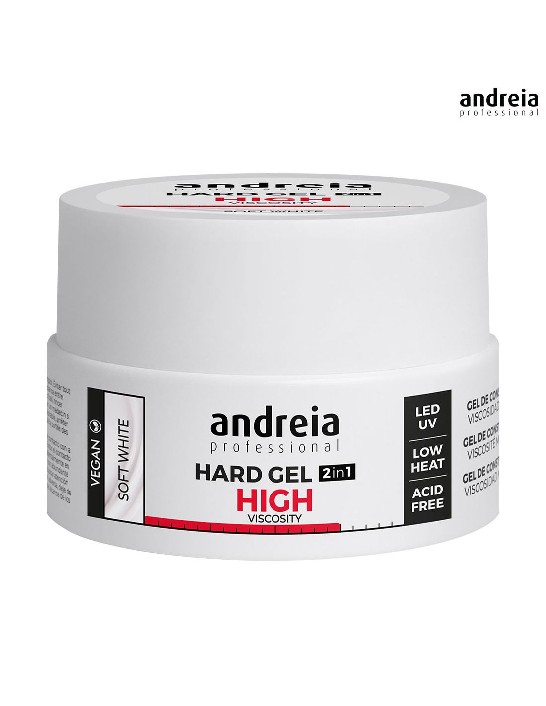 Frasco branco de gel para unhas Andreia Professional Hard Gel 2in1 High Viscosity com rótulo e texto