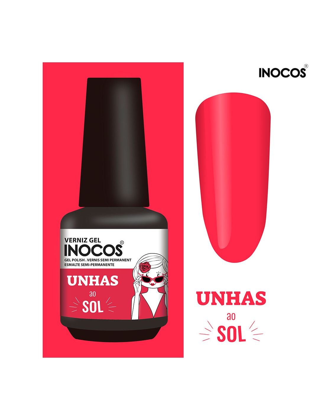 Verniz gel vermelho INOCOS 'Unhas ao Sol' com amostra de cor