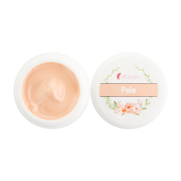 pote aberto de creme cor bege claro com tampa rotulada 'Pele'