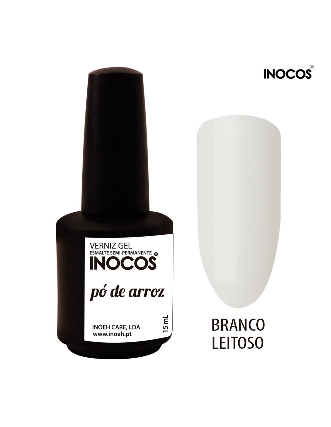 Frasco preto de verniz gel INOCOS e amostra cor branco leitoso