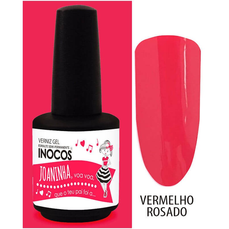 Frasco de verniz gel preto com rótulo cor-de-rosa e amostra de cor vermelha rosado