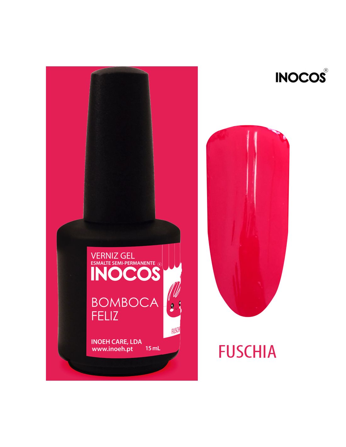 Esmalte gel INOCOS fúchsia, embalagem preta com rótulo rosa