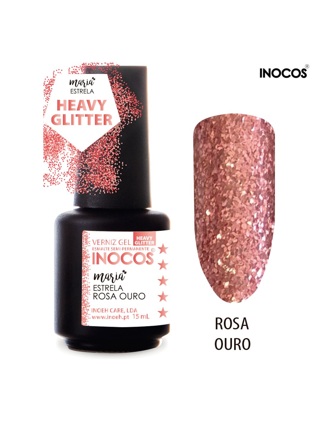 Verniz gel INOCOS rosa ouro com glitter em frasco preto e amostra da cor brilhante