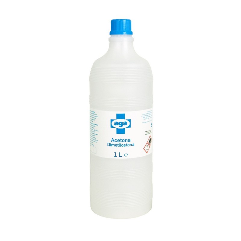 Frasco plástico branco com tampa azul e rótulo da acetona