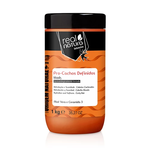 Máscara capilar Real Natura Pro-Cachos Definidos em frasco laranja e preto