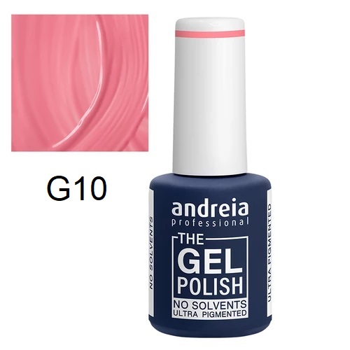Verniz gel Andreia Professional The Gel Polish rosa cor G10 com embalagem azul escura e tampa branca