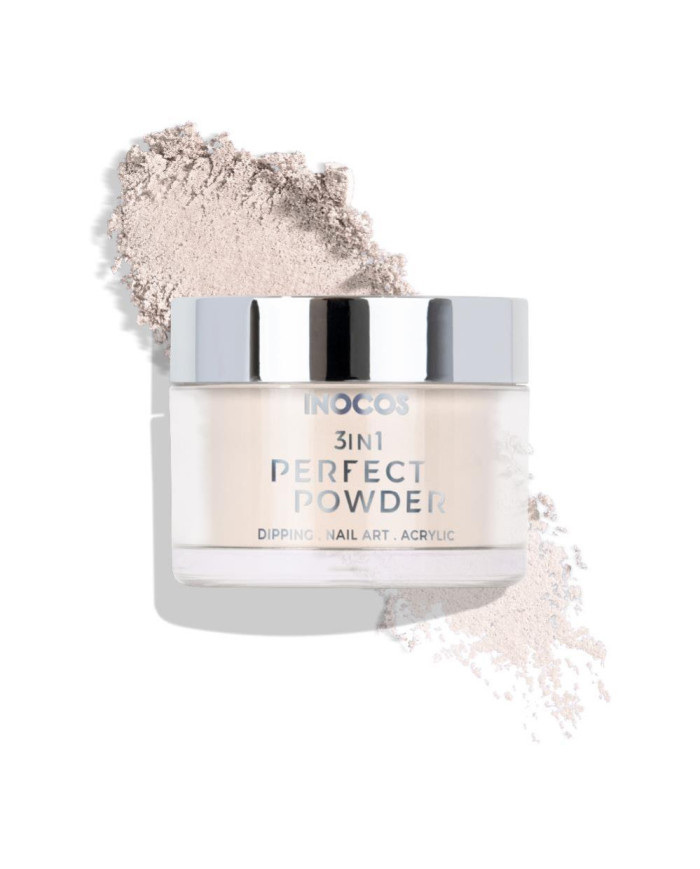 Pote de pó acrílico para unhas com tampa prateada e pó branco espalhado atrás.