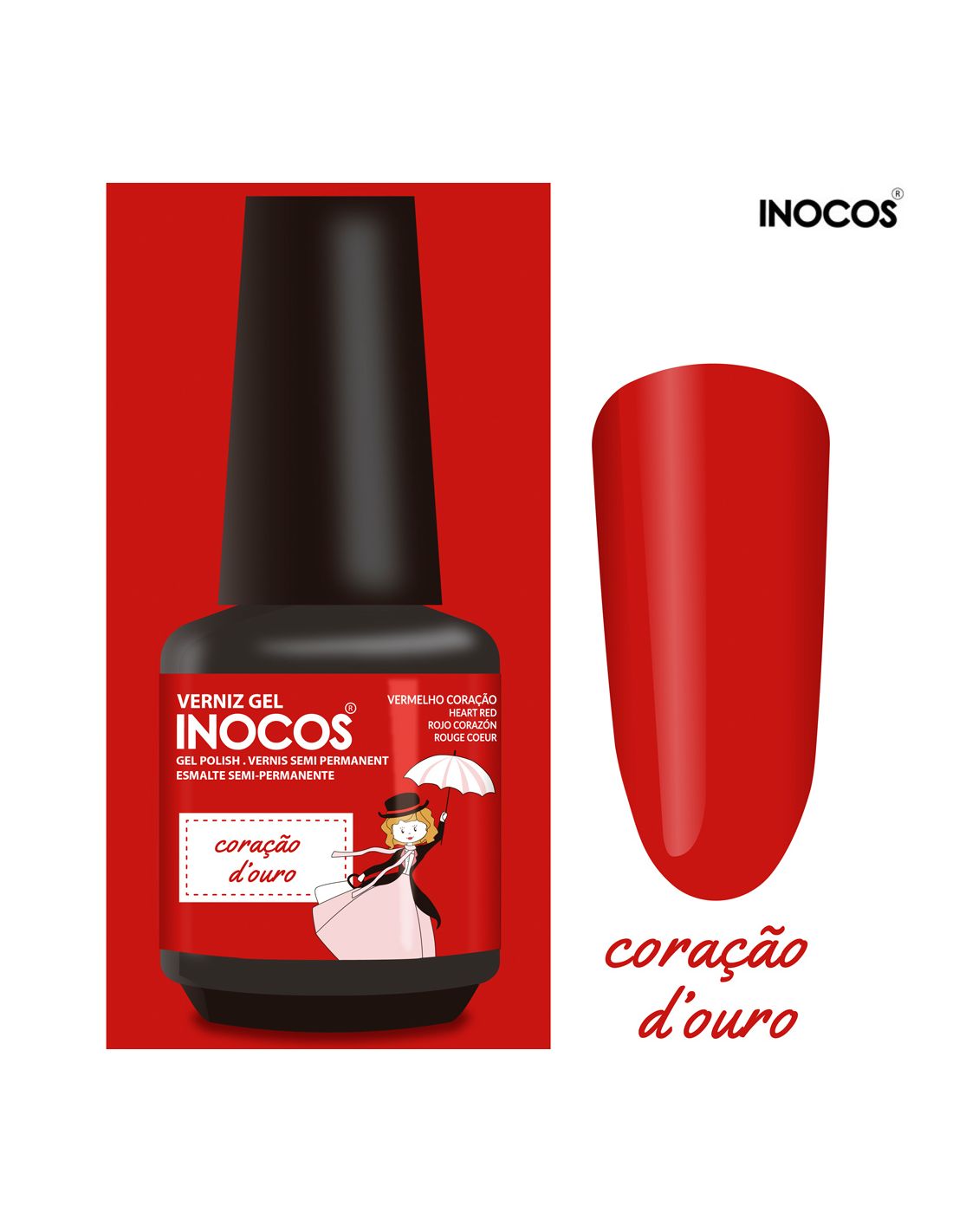 Verniz gel Inocos vermelho coração coração d'ouro com amostra de cor
