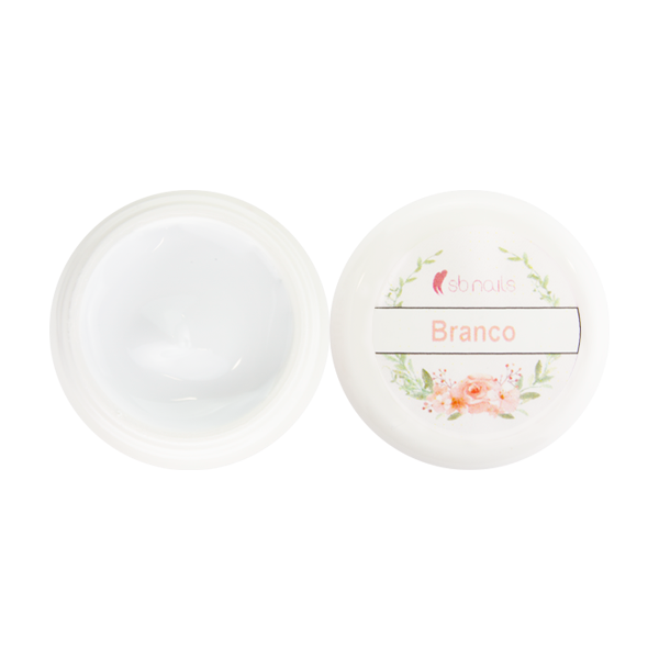 Frasco branco aberto com tampa branca rotulada com 'sb nails' e 'Branco' com decoração floral.