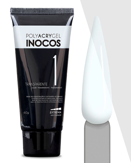 Tubo preto de Polyacrygel Inocos transparente ao lado de amostra branca