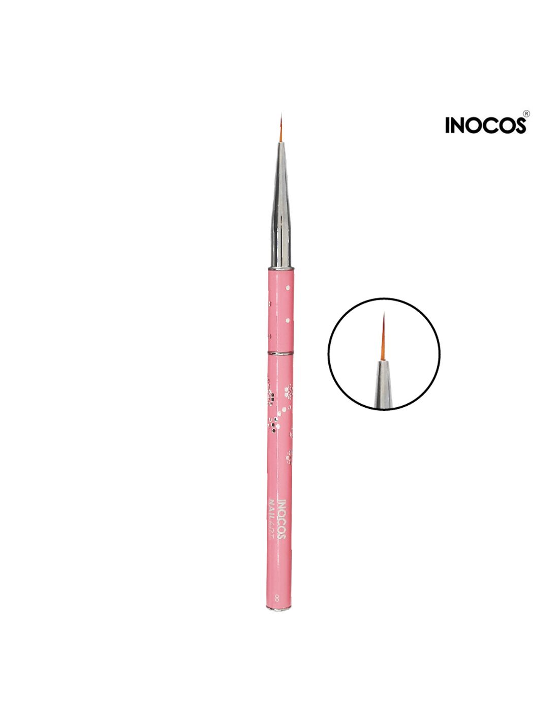 Pincel fino rosa com ponta fina e texto INOCOS