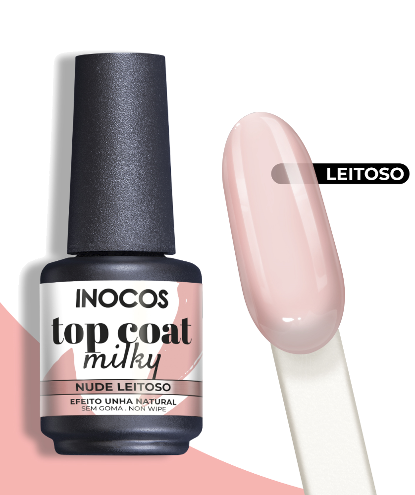 Verniz top coat milky Nude Leitoso da INOCOS com amostra na cor bege clara