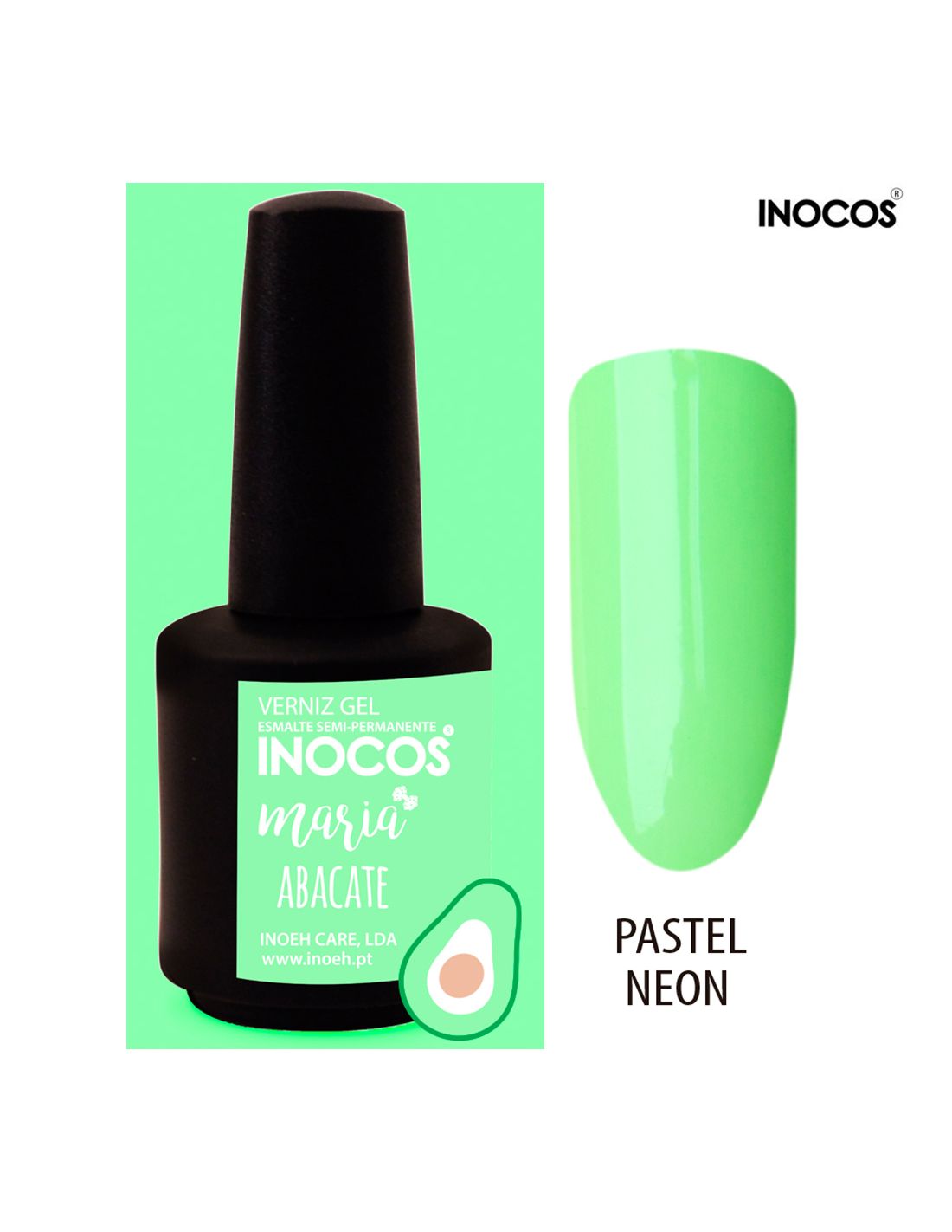 Esmalte gel verde pastel neon INOCOS Abacate em embalagem preta com rótulo verde e imagem de abacate.