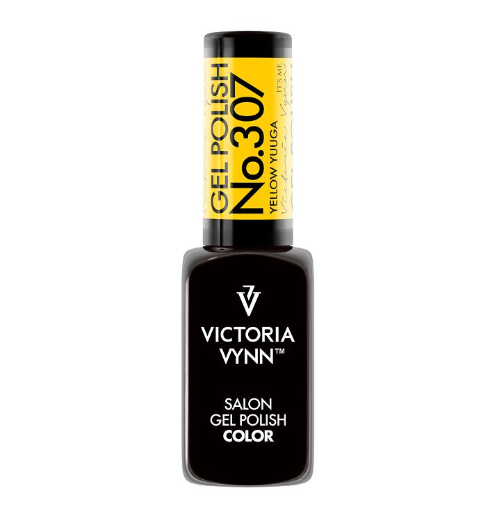 Frasco de verniz gel preto com etiqueta amarela GEL POLISH NO.307