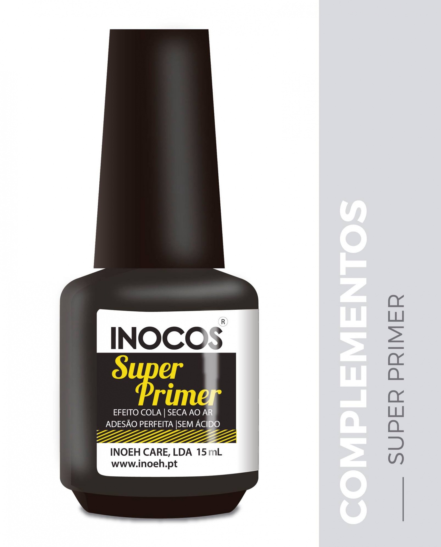 Frasco preto de primer para unhas INOCOS Super Primer com rótulo branco e texto em amarelo e preto