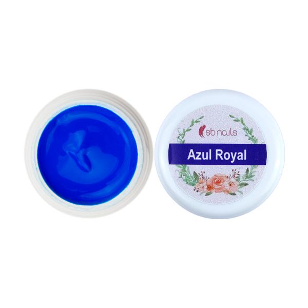 Frasco com verniz de gel azul royal e tampa com etiqueta floral