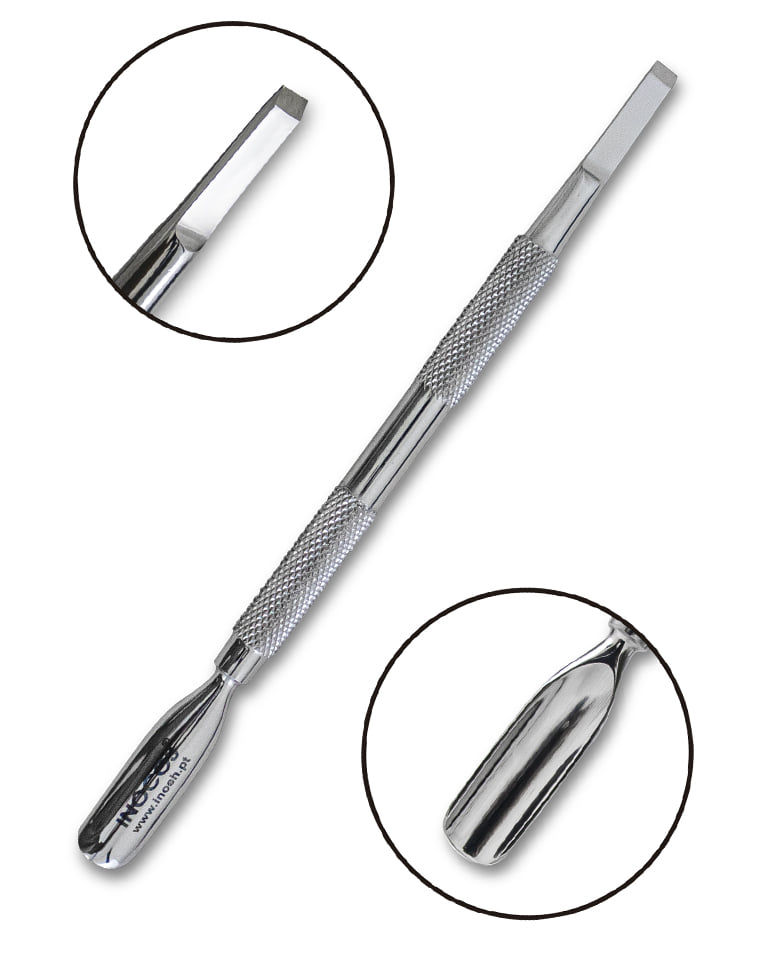 Espátula dupla metálica prata para unhas com duas pontas e textura no meio