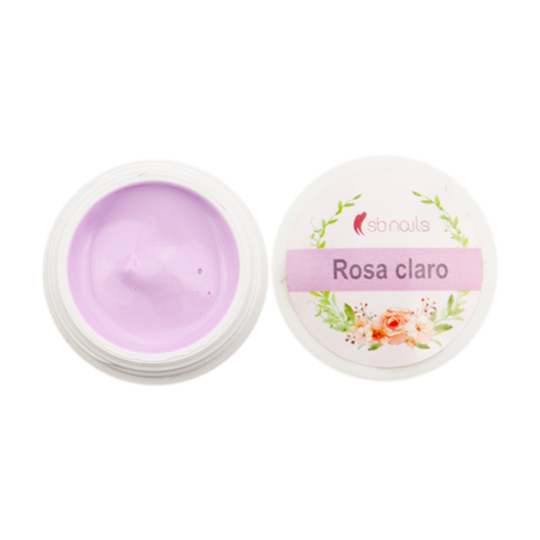 Pote de gel para unhas cor rosa claro com tampa rotulada e decorada