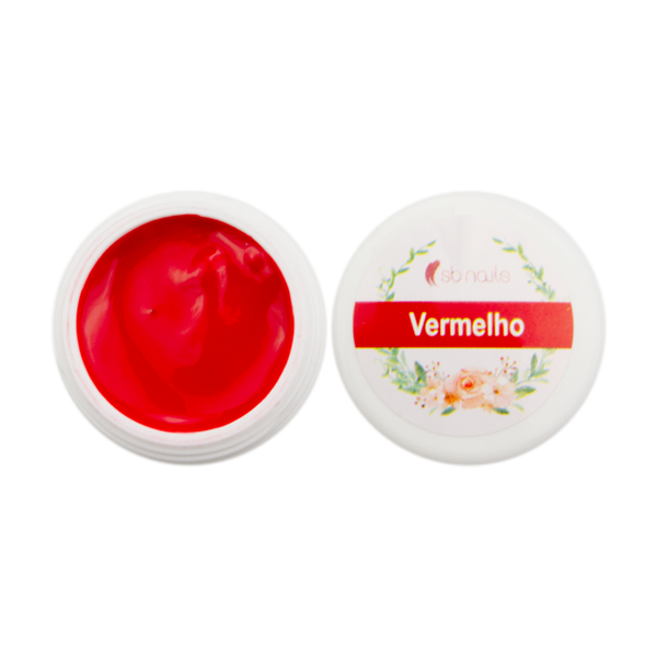 Gel vermelho para unhas em recipiente aberto com tampa ao lado com texto 'sob nails Vermelho' e decoração floral.