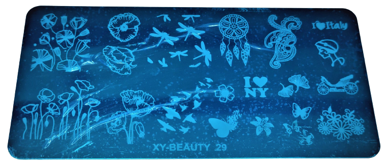 Placa azul com diversas estampas brancas e textos variados.