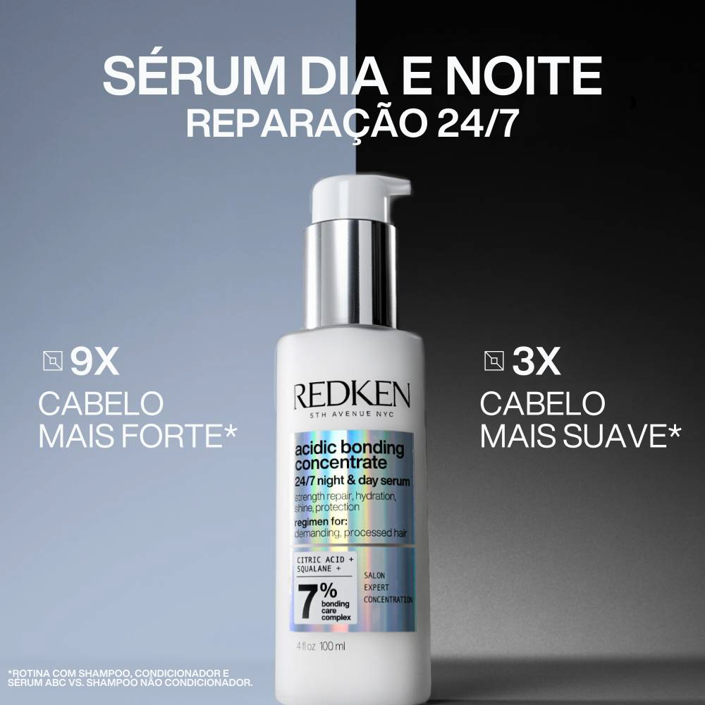 Frasco branco de sérum capilar Redken com texto promocional em fundo azul e preto