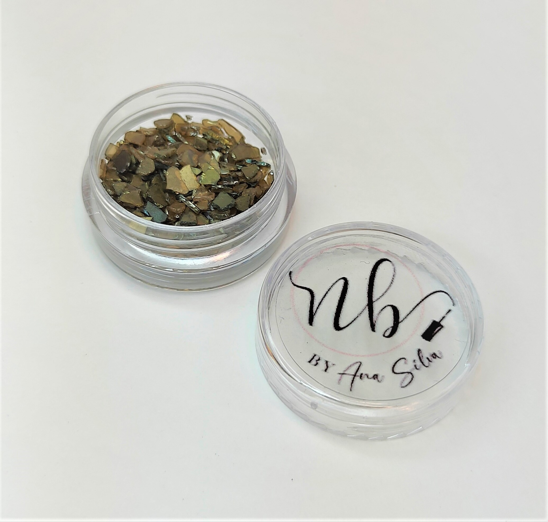 Recipiente transparente com glitter castanho e dourado e tampa com texto