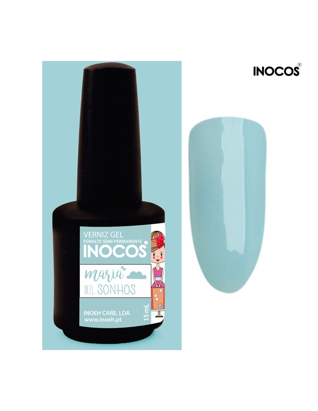 Verniz gel Inocos cor azul claro maria mil sonhos com frasco preto e etiqueta azul e branca