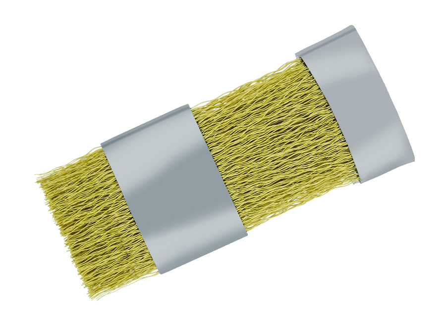 Escova de arame com cerdas douradas e bandas metálicas prateadas