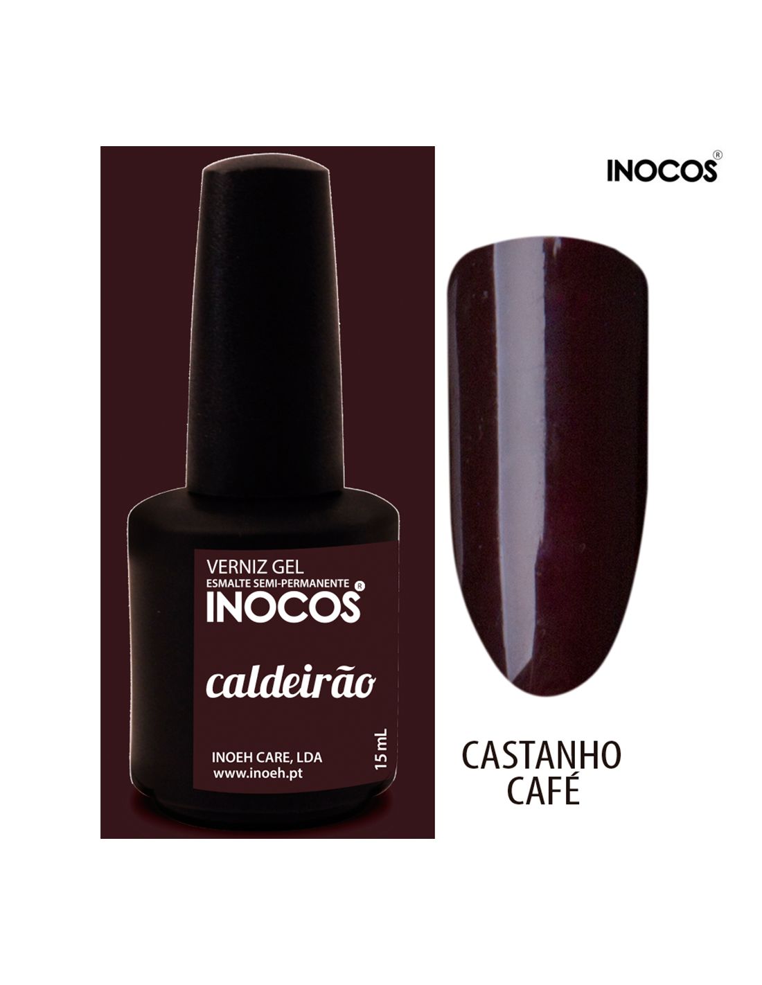 Frasco de verniz gel castanho escuro INOCOS com amostra da cor Castanho Café