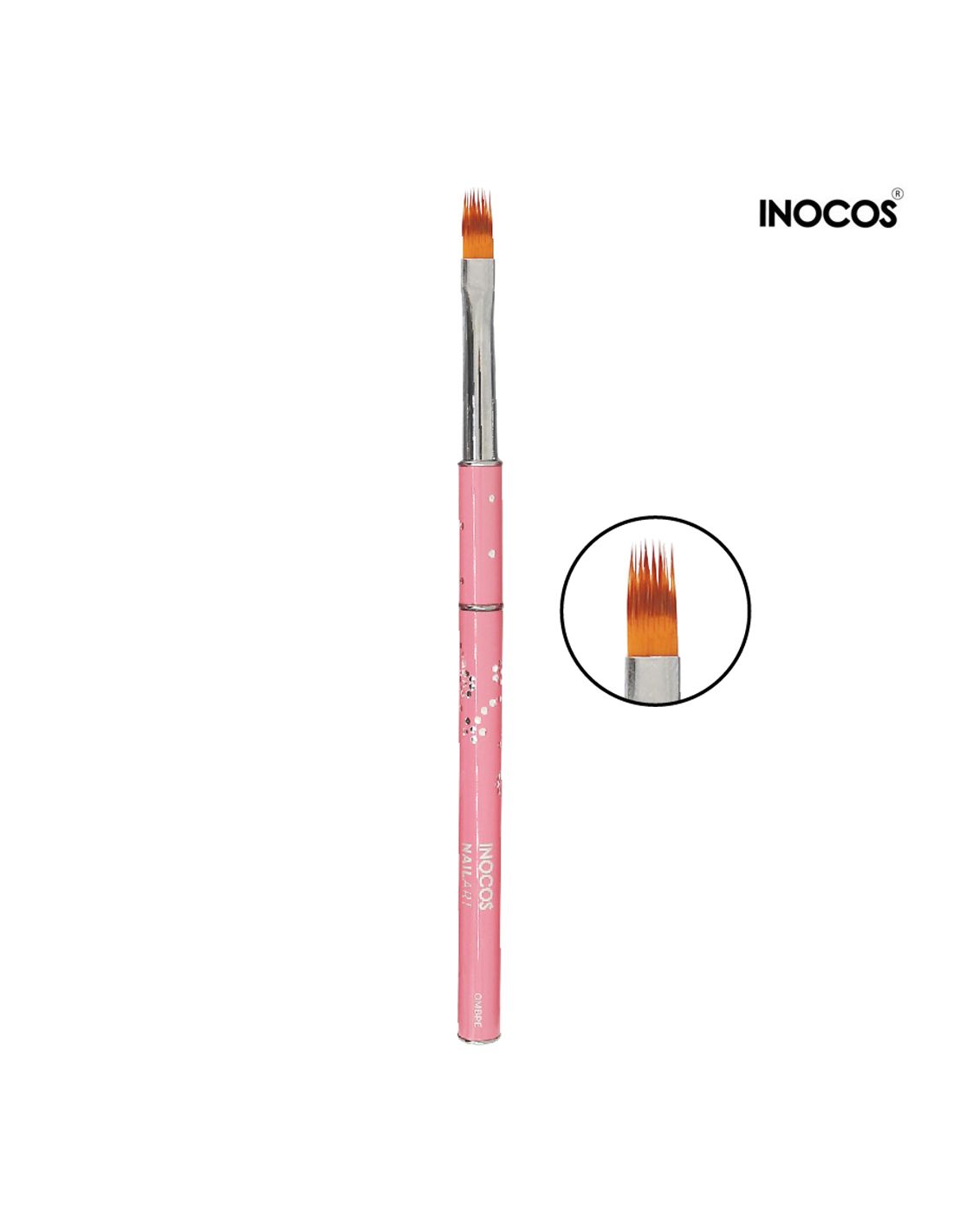 Pincel para unhas rosa com cerdas alaranjadas e decorado com flores brancas