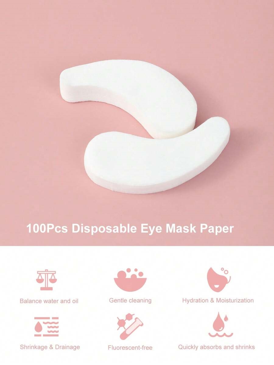 Máscaras de papel descartáveis para olhos brancas em fundo rosa com texto e ícones