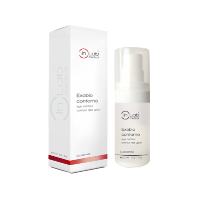 Frasco e embalagem branca do creme Exobio contorno da In Lab medical