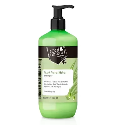 Frasco verde com doseador preto de shampoo Aloé Vera Hidra Real Natura 500 ml
